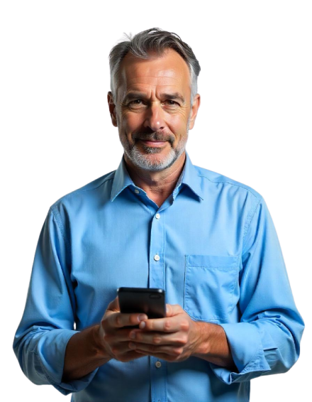 Homem de camisa azul usando celular